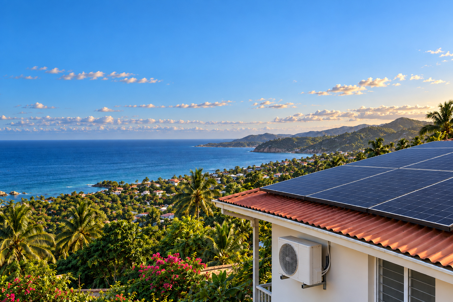 Solar panels and an outdoor AC unit on a Jamaican hillside home above the sea