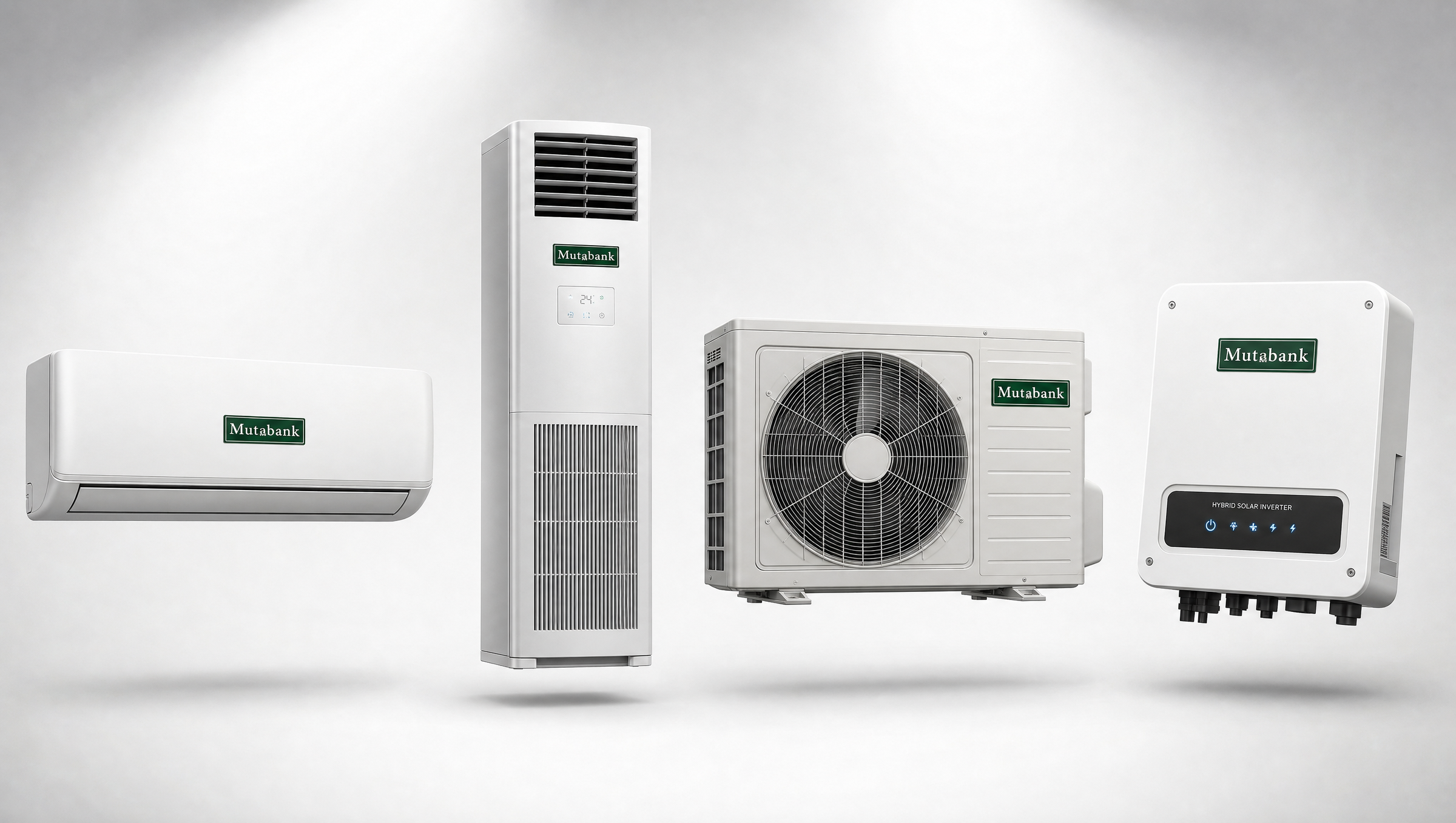 The Mutabank lineup: wall-mount, floor-standing column, outdoor unit and hybrid inverter